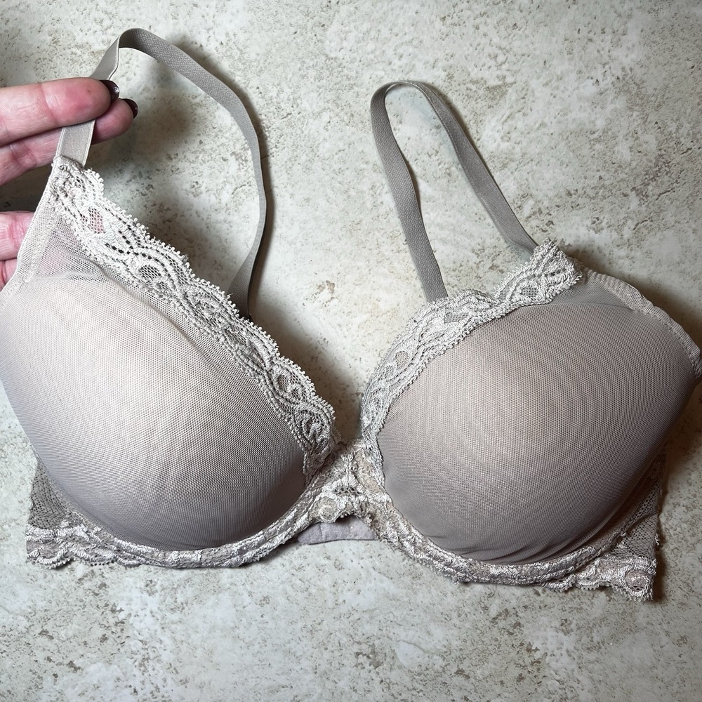 NATORI Feathers Contour Plunge Bra Nude Tan Lace Mesh Size 34DD EUC